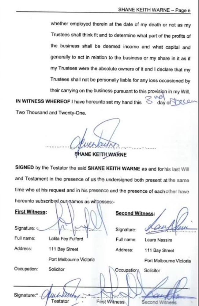 Warne signed his last will and testament exactly three months before his death. Picture: Registry of Births, Deaths and Marriages Victoria