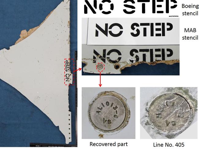 Analysis of a section of horizontal stabiliser found in Mozambique shows the words No Step were stencilled on by Malaysia Airlines. Picture: ATSB