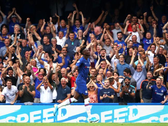 Tammy Abraham of Chelsa celebrates after scoring his team's second goal during the Premier League match between Chelsea FC and Sheffield United. Picture: Warren Little/Getty Images