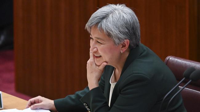 Foreign Minister Penny Wong appears to have briefly forgotten she is a member of the government. Picture: NCA NewsWire / Martin Ollman