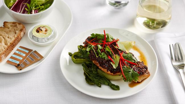 Seared Snapper with black bean sauce, seasonal greens and salted chilli for international business passengers. Picture: Supplied