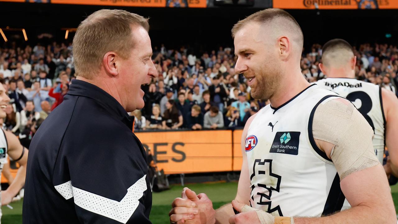 Voss and Blues veteran Sam Docherty are both former Lions. (Photo by Dylan Burns/AFL Photos via Getty Images)