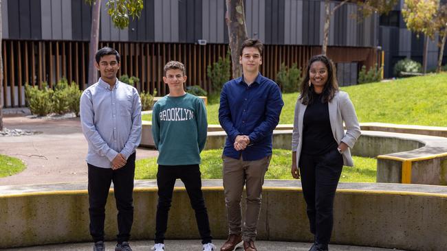 Asel Kumarasinghe, Alexander Sarossy and Adam Faggianelli were Penleigh's college duxes for 2022. Sandra Sujith (far right) achieved an ATAR of 99.85