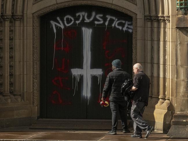 Melbourne’s St Patrick’s Cathedral was vandalised following Cardinal George Pell’s acquittal of child sexual abuse convictions. Picture: AAP