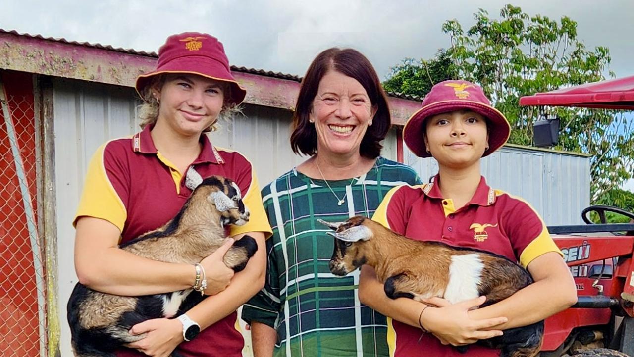 Teacher Belinda Hampton with Year 11 students Tylah Harris and Sky Da Silva at Atherton State High School in Queensland. Picture: Supplied