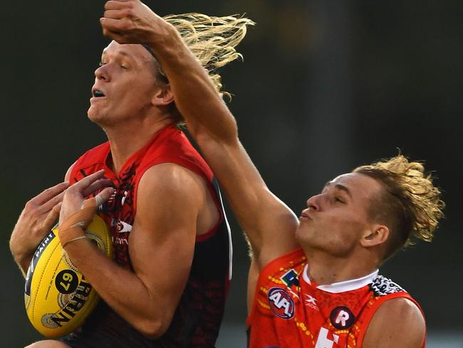 Melbourne’s Josh Wagner marks in front of Will Brodie. Picture: Getty Images