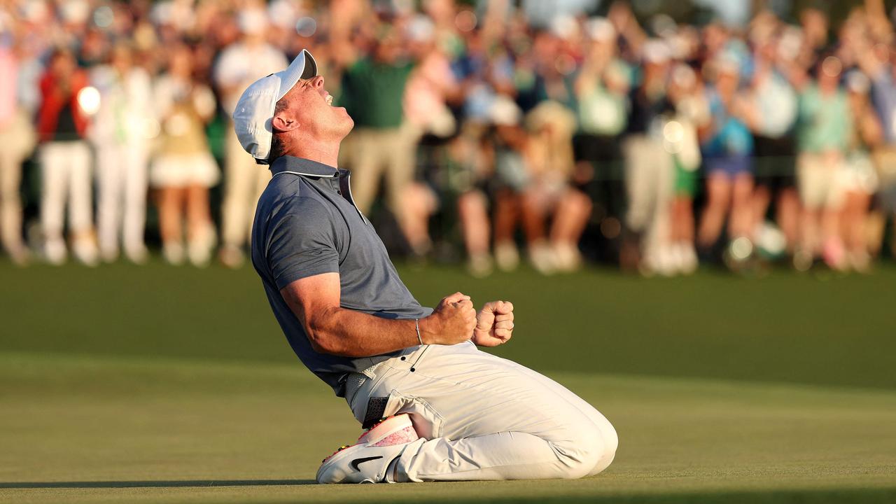 Rory McIlroy celebrates winning the 2025 Masters. Picture: Richard Heathcote / Getty Images North America / Getty Images via AFP