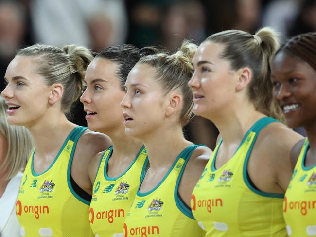 AUCKLAND, NEW ZEALAND - OCTOBER 12: Ruby Bakewell-Doran of the Australian Diamonds (C) sings the anthem during the Constellation Cup netball match between New Zealand and Australia at Spark Arena on October 12, 2022 in Auckland, New Zealand. (Photo by Phil Walter/Getty Images)