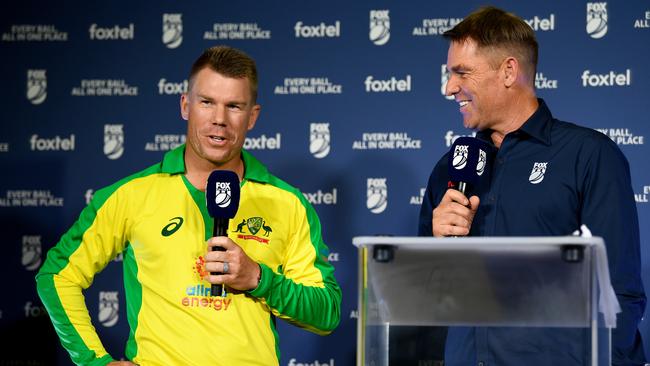 David Warner chats to Shane Warne at a Fox Cricket launch.