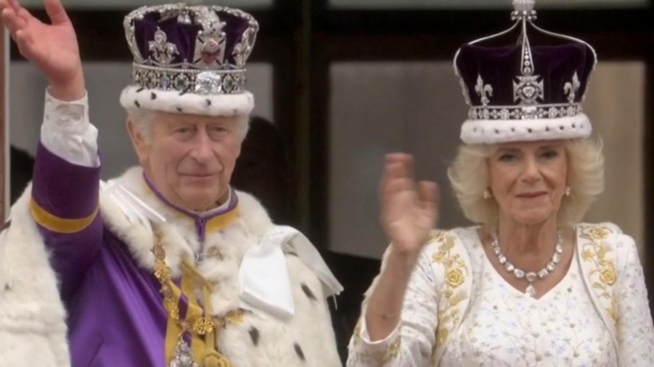 King Charles and Queen Camilla on the Buckingham Palace balcony.