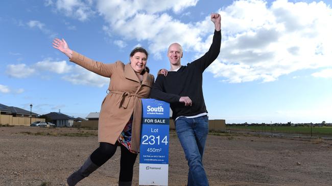 Adam and Rebecca Tilbrook will be among the first to benefit from the government's HomeBuilder stimulus package. Picture: Naomi Jellicoe.