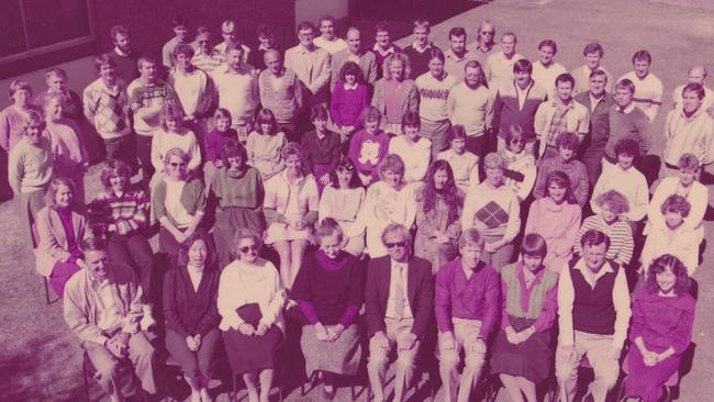 Keebra Park State High teachers of 1985, Chris Dawson is fourth from the right in the back row.