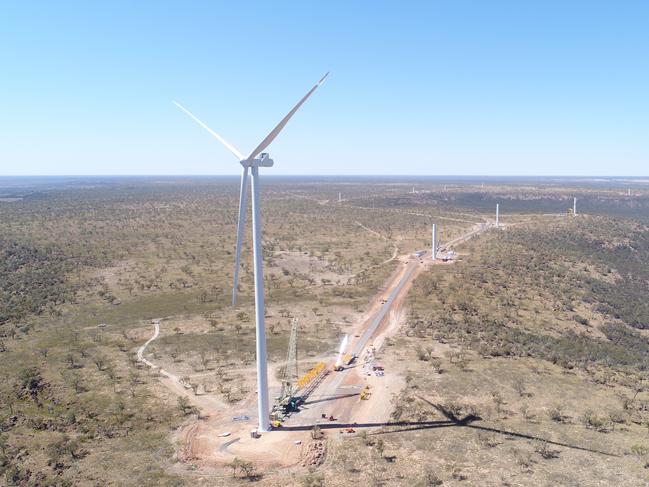 An aerial shot of the first 200m high wind turbine erected at the Kennedy Energy Park project near Hughenden.