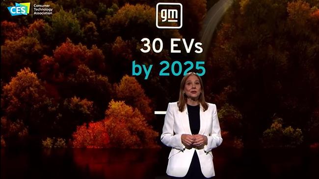 General Motors chair and CEO Mary Barra delivers her keynote address at CES 2022 in Las Vegas.