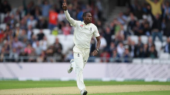 England paceman Jofra Archer celebrates the dismissal of David Warner. Picture: Getty Images