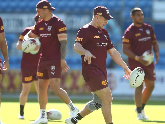 GOLD COAST, AUSTRALIA - JUNE 04: Alexander Brimson kicks during a Queensland Maroons State of Origin training session at Cbus Super Stadium on June 04, 2021 in Gold Coast, Australia. (Photo by Chris Hyde/Getty Images)