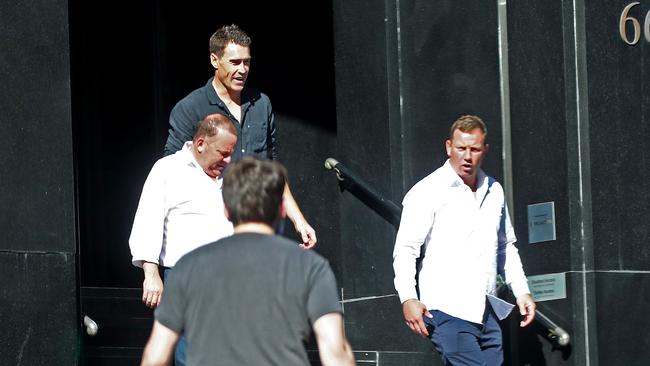 GWS Giants star Jeremy Cameron leaves Rockpool Bar and Grill with assistant coach Steve Johnson and Giants CEO Dave Matthews after meeting with Channel 7 CEO James Warburton. Picture: Toby Zerna