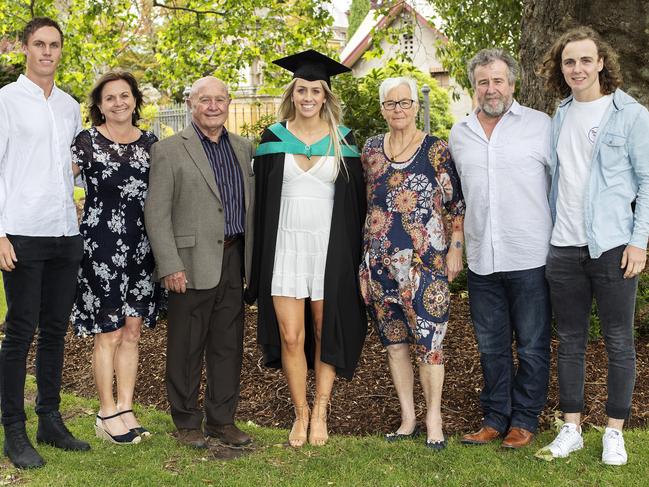 Connor Young, Wendy Brooks, Dennis Chester, Annie brooks, Margaret Chester, Ken Brooks and Sam Brooks at the UTAS Graduation at Launceston. PICTURE CHRIS KIDD