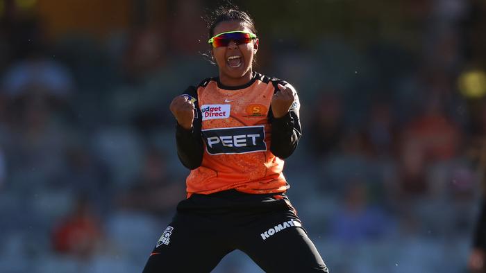 PERTH, AUSTRALIA - OCTOBER 25: Alana King of the Scorchers celebrates her wicket during the WBBL match between Perth Scorchers and Hobart Hurricanes at WACA, on October 25, 2023, in Perth, Australia. (Photo by James Worsfold/Getty Images)