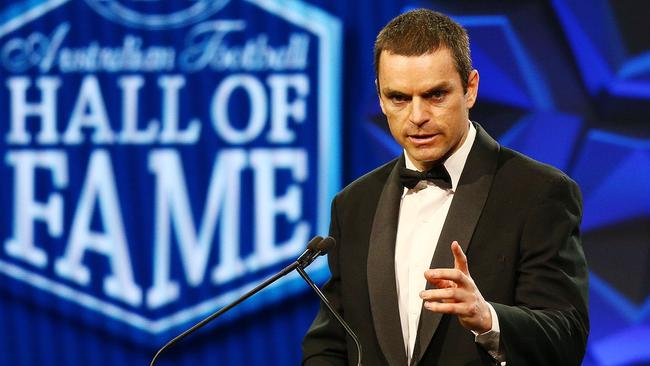 Matthew Scarlett giving his Hall of Fame speech. Picture: AAP Images