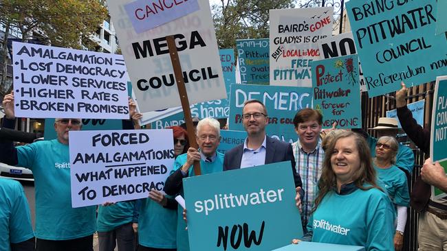 A rally outside NSW Parliament House held by supporters of a move to split Pittwater from the Northern Beaches Council. But it would cost about $68 million to demerge the amalgamated council. Picture: Supplied