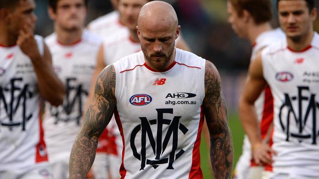 Melbourne players leave Subiaco after a loss to West Coast. Picture: Daniel Wilkins