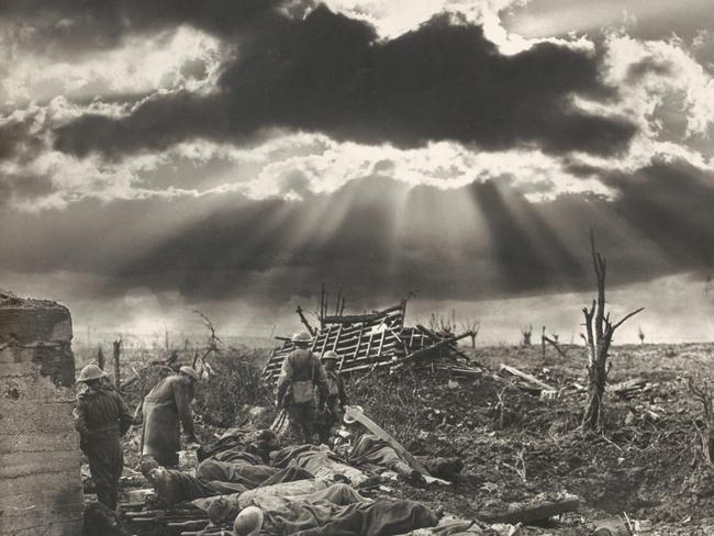 The morning after the first battle of Passchendaele showing Australian wounded near the Zonnebeke Railway Station on 12 October. Picture: National Library of Australia.