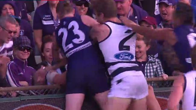 Fremantle v Geelong brawl spills into crowd. SCREENCAP