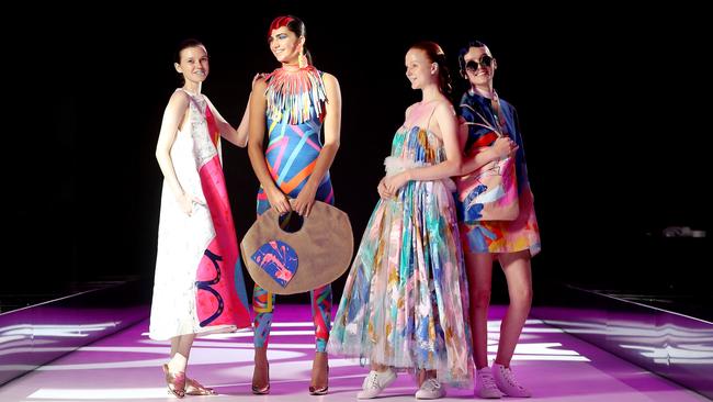 Models Holly Watson, Sarah Davies, Madison Stubbington and Adele McKeen preparing for the opening of the 2017 Adelaide Fashion Festival. Picture: Calum Robertson