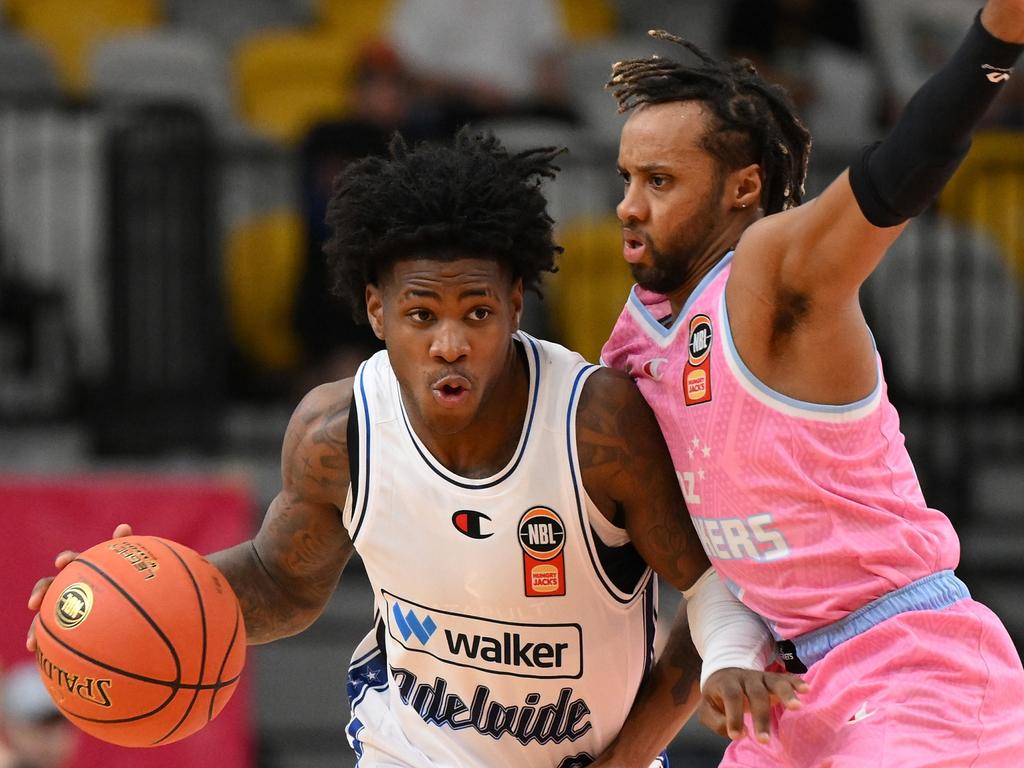 Adelaide signing Kendric Davis and Parker Jackson-Cartwright enjoyed an entertaining battle. Picture: Getty Images