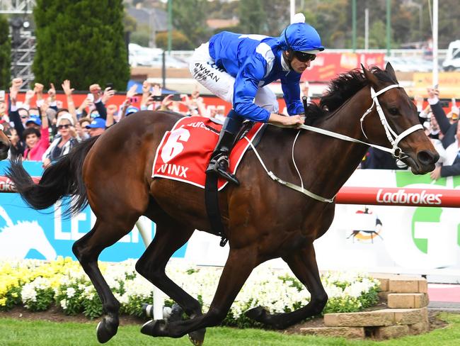 MELBOURNE, AUSTRALIA - OCTOBER 27: Hugh Bowman riding Winx defeats Oisin Murphy riding Benbatl in Race 9, Ladbrokes Cox Plate during the 2018 Cox Plate Day at Moonee Valley Racecourse on October 27, 2018 in Melbourne, Australia.  (Photo by Vince Caligiuri/Getty Images)