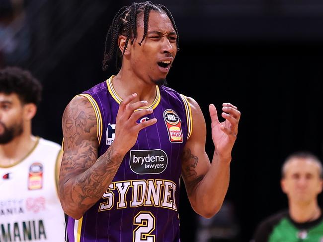 SYDNEY, AUSTRALIA - MAY 06: Jaylen Adams of the Kings shows his frustration during game one of the NBL Grand Final series between Sydney Kings and Tasmania Jackjumpers at Qudos Bank Arena on May 06, 2022 in Sydney, Australia. (Photo by Mark Kolbe/Getty Images)
