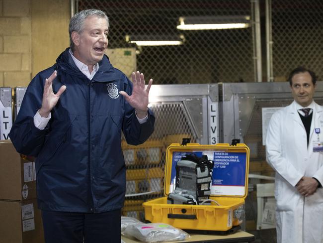 New York City Mayor Bill de Blasio, left, with Dr. Steven Pulitzer, the Chief Medical Officer of NYC Health and Hospitals in New York. Picture: AP