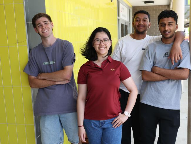 The Daily Telegraph 19.12.2024  Gurjor Gill, (white shirt), Harjot Gill, (grey shirt), Kathleen Dela Cruz, (red shirt) and Lachlan Boyd (blue shorts). HSC year 12 students pictured at The Ponds High School.  Picture: Rohan Kelly