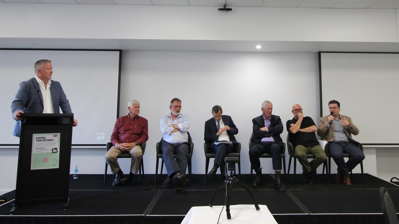 Speaking at the Colliers Property Outlook panel discussion at the Oaks Hotel are (from left) Colliers International's Dan Dwan, engineer Terry Kehoe, UDIA branch president Stephen Bowers, Toowoomba Regional Council planning and development general manager Stewart Somers, Wagner Corporation's Denis Wagner, property analyst Michael Matusik and town planner Andrew Bullen.