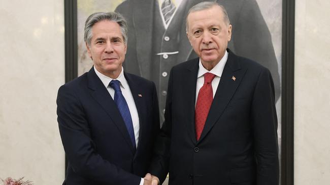 Turkish President Recep Tayyip Erdogan, right, with US Secretary of State Antony Blinken in Ankara for talks on Friday. Picture: AFP