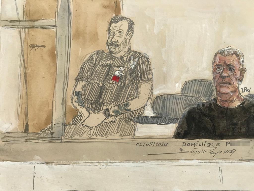 Dominique P. (right, court sketch) stands accused of drugging his wife for nearly ten years and inviting strangers to rape her at their home. Picture: Benoit Peyrucq / AFP