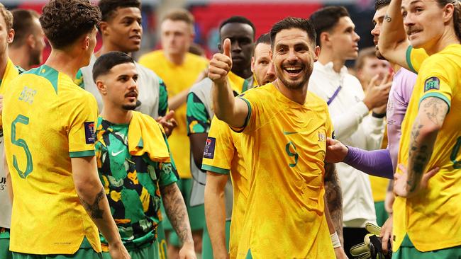 DOHA, QATAR - JANUARY 13: Bruno Fornaroli and team mates of Australia celebrate following their sides victory after the AFC Asian Cup Group B match between Australia and India at Ahmad Bin Ali Stadium on January 13, 2024 in Doha, Qatar. (Photo by Robert Cianflone/Getty Images)