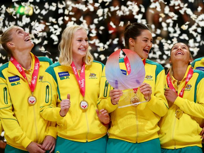 LONDON, ENGLAND - FEBRUARY 05:  Captain Sharni Leyton (C) lifts the trophy with the Australia team after winning the Quad Series netball match between the England Roses and the Australia Diamonds at the SSE Arena on February 5, 2017 in London, England.  (Photo by Jordan Mansfield/Getty Images)