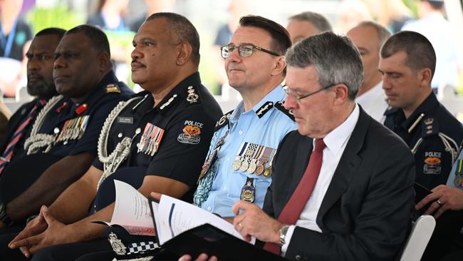 AFP Commissioner Reece Kershaw and former attorney-general Mark Dreyfus in December last year as the AFP, together with Pacific Islands Chiefs of Police, officially launch a police training and education facility as part of the Pacific Policing Initiative in Brisbane. Picture: Lyndon Mechielsen