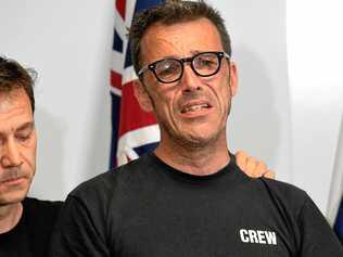 Missing Belgium backpacker Theo Hayez's father Laurent Hayez talks at a press conference at Tweed Heads flanked by Theo's godfather Jean-Phillippe Pector and Theo's cousin Lisa Hayez. Picture: Marc Stapelberg