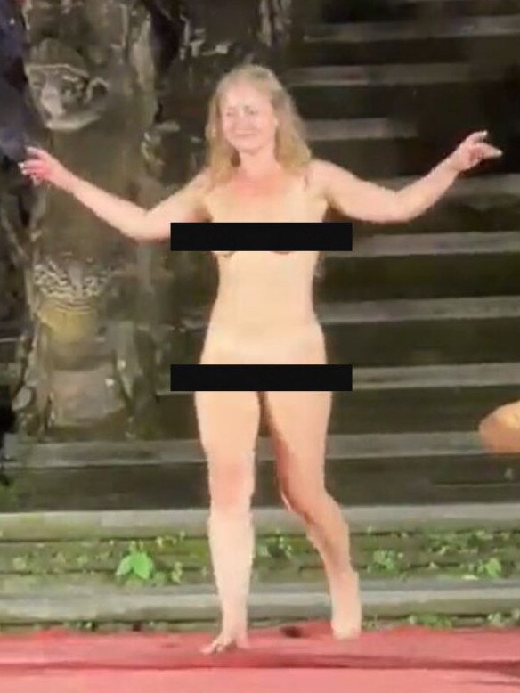 A naked German tourist faces possible prison time after disturbing a Balinese dance performance in Ubud. Picture: Twitter