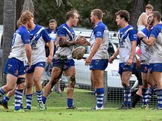 Grafton Ghosts centre Dylan Collett is congratulated on scoring a try against the Sawtell Panthers. Group 2 rugby league 2 April 2017 Rex Hardaker Oval Photo: Brad Greenshields/Coffs Coast Advocate. Picture: Brad Greenshields