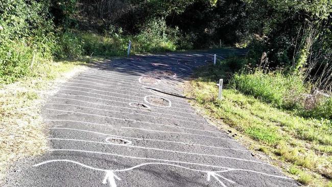 CLEAR MESSAGE: Guerilla road artist Roa Dart is again sending the Lismore City Council a clear message about dangerous sections of roads around the Lismore area. Picture: Max Osborn