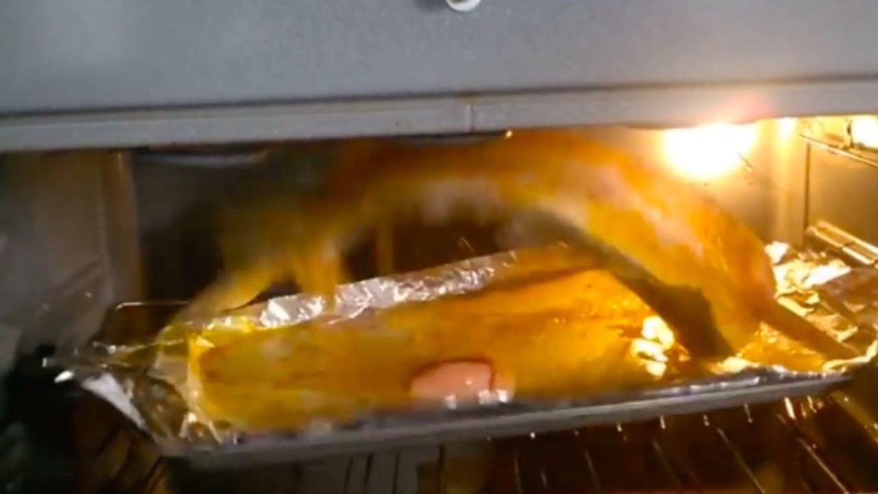 The fish appears to jump up and down in the oven.