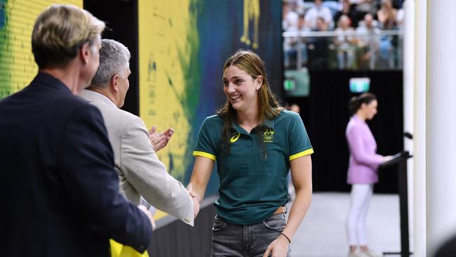 ADELAIDE, AUSTRALIA - JUNE 17: Meg Harris during the Australian Swimming Tokyo Olympic Games Team Announcement at the SA Aquatic &amp; Leisure Centre on June 17, 2021 in Adelaide, Australia. (Photo by Mark Brake/Getty Images)