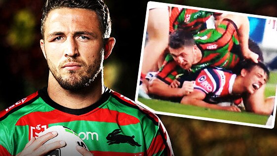 Sam Burgess is angry over his suspension for this hair pull on the Roosters’ Billy Smith (inset). Main picture: Phil Hillyard