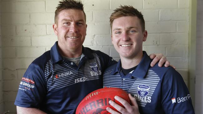 Retiring Bundoora great Gary Moorcroft with his son, Beau. Picture: Valeriu Campan