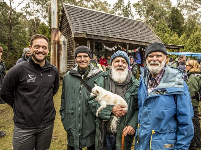 The Tasmanian Land Conservancy acquires Daisy Dell with land holders. Photograph shows TLC's CEO James Hattam with land owners Garry Clark, Dr John Wilson and Peter Sims and dog Jessie. Picture: EDDIE SAFARIK