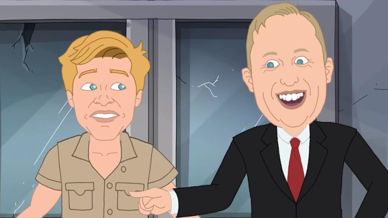 An animated Robert Irwin and Queensland Premier Steven Miles in a One Nation video that Irwin says is defamatory.